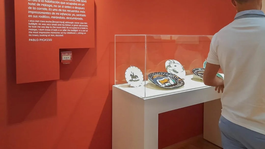 Visitor viewing ceramic art at Picasso's Birthplace Museum in Málaga.