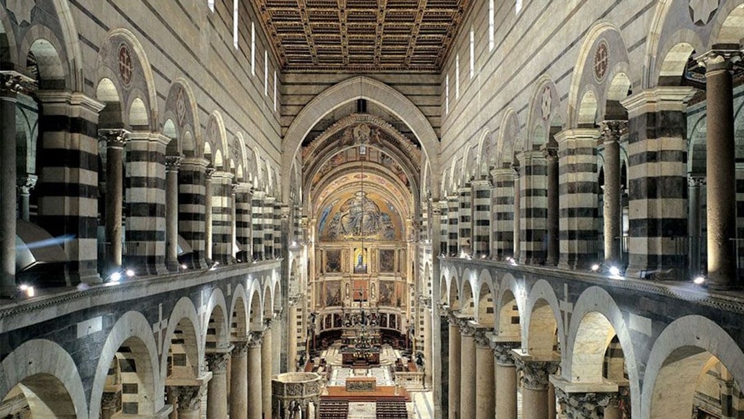 Interior of Pisa Cathedral on Field of Miracles tour, Italy.