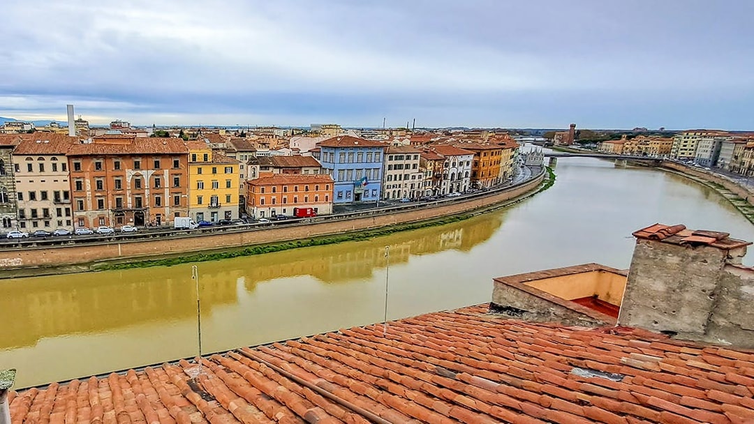 Rooftop view of Pisa's colorful riverside buildings along the Arno River during a guided walking tour.