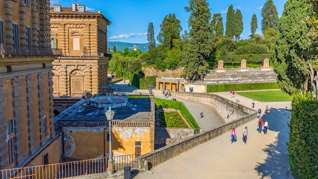 Visitors walking in Boboli Gardens at Pitti Palace, Florence.