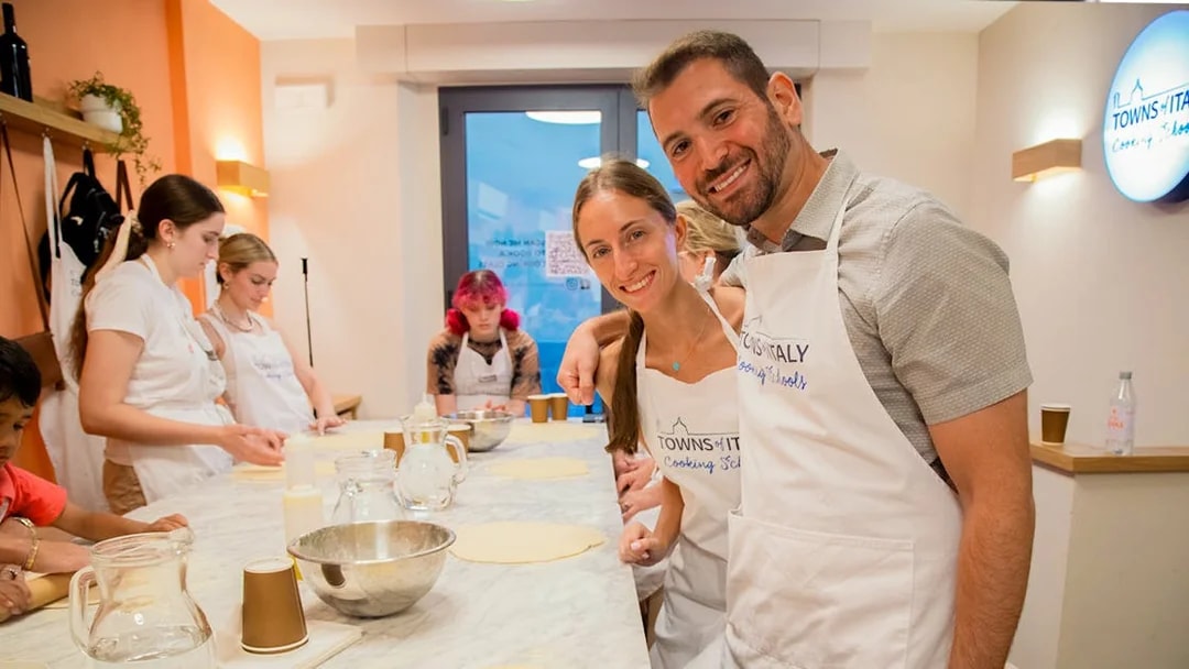 Participants in a pizza and gelato making class at Towns of Italy Cooking School.