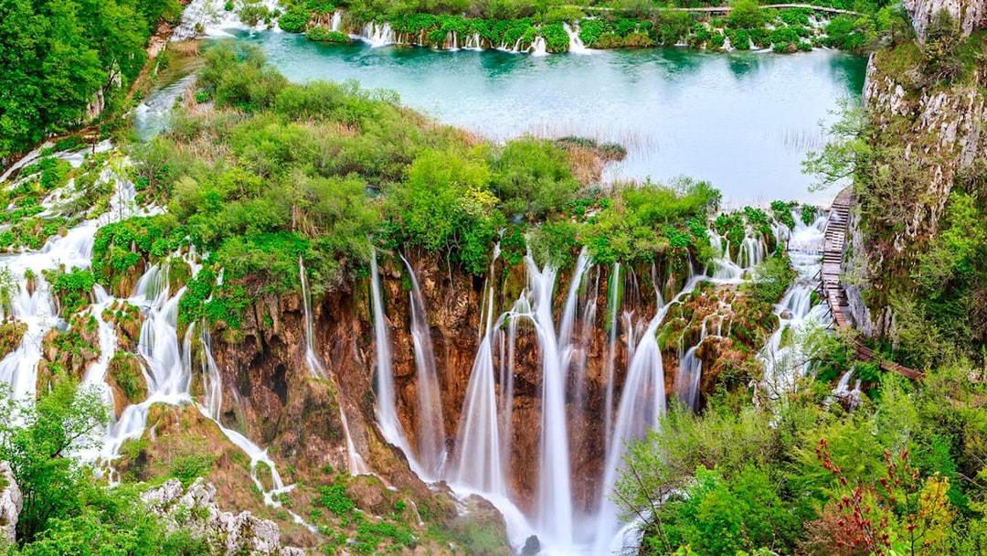 Waterfalls and lush greenery at Plitvice Lakes National Park, Croatia, on a tour from Split.