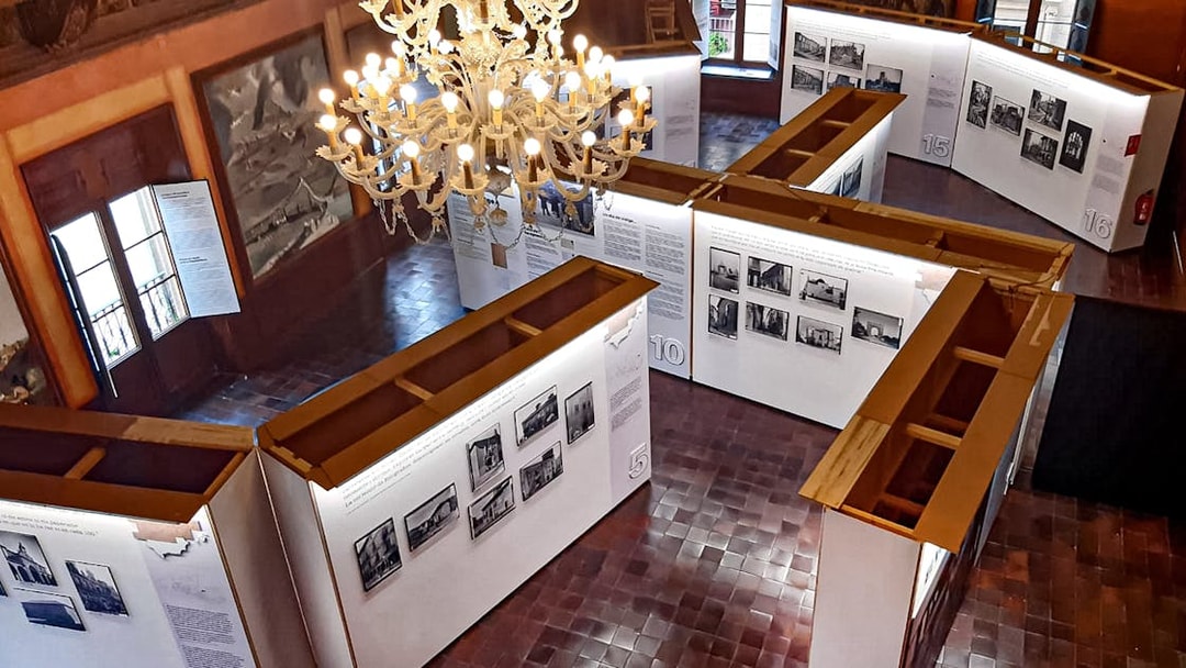 Exhibition hall with historical displays at Poble Espanyol, Barcelona.