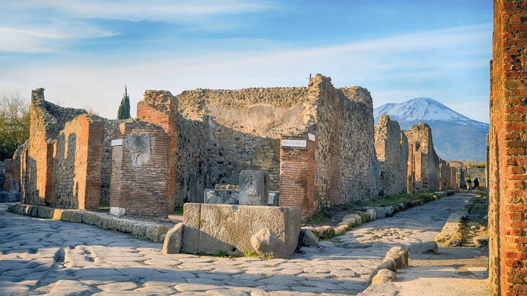 Ancient ruins of Pompeii with Mount Vesuvius in the background, Naples.