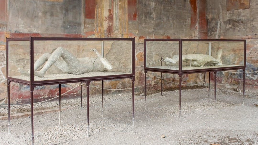 Victims of Pompeii eruption displayed in glass cases with ancient frescoes in the background.