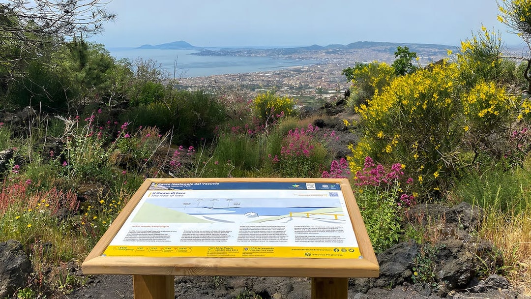 Information board about Mount Vesuvius with view of Naples and surrounding landscape.