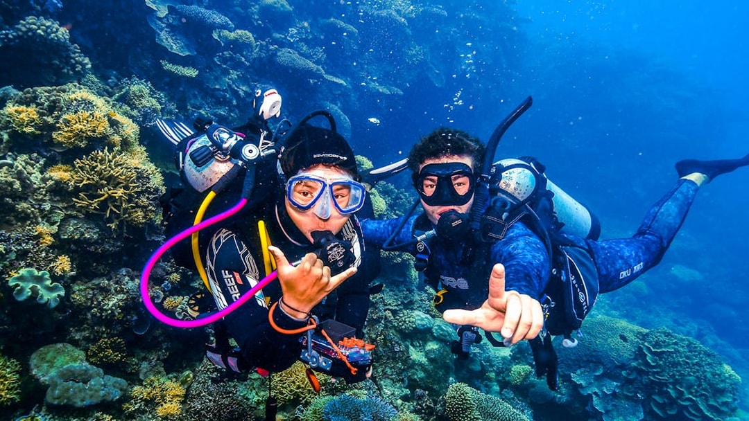 Divers exploring coral formations in the Great Barrier Reef, Australia.