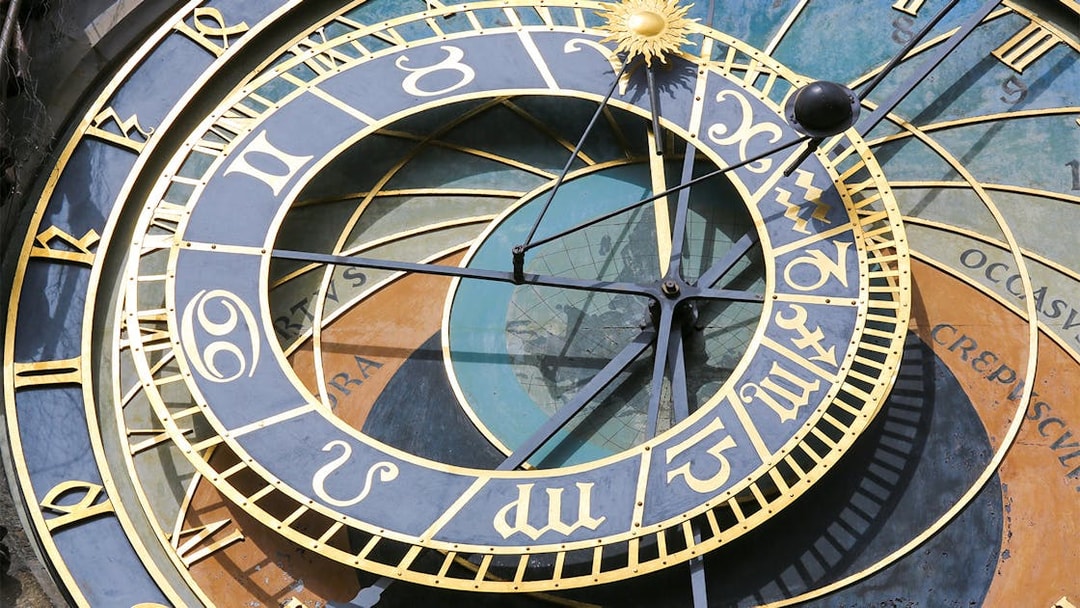 Prague Astronomical Clock close-up with zodiac signs and intricate details.