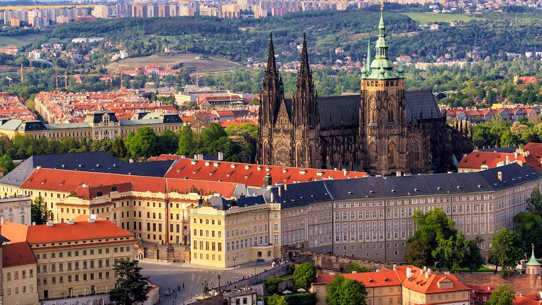 Prague Castle and St. Vitus Cathedral in the Castle District, aerial view.
