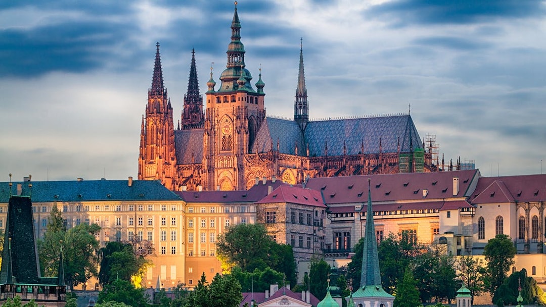 Prague Castle with St. Vitus Cathedral at sunset, Czech Republic.