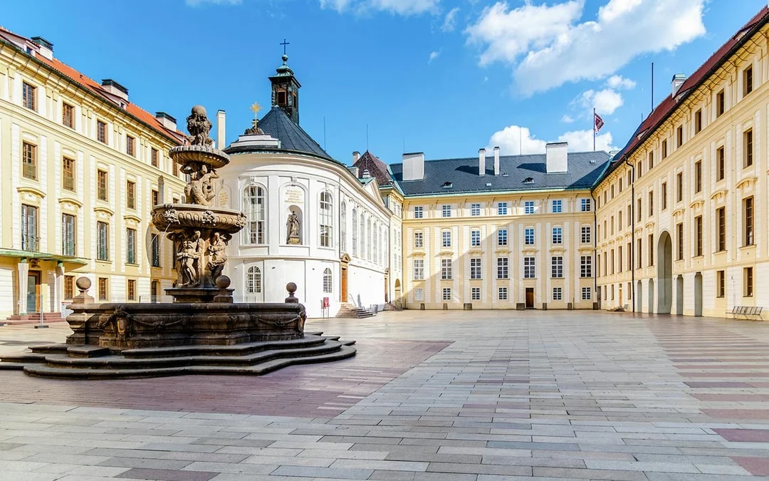 Ornamental fountain in courtyard of Prague Castle's Old Royal Palace.