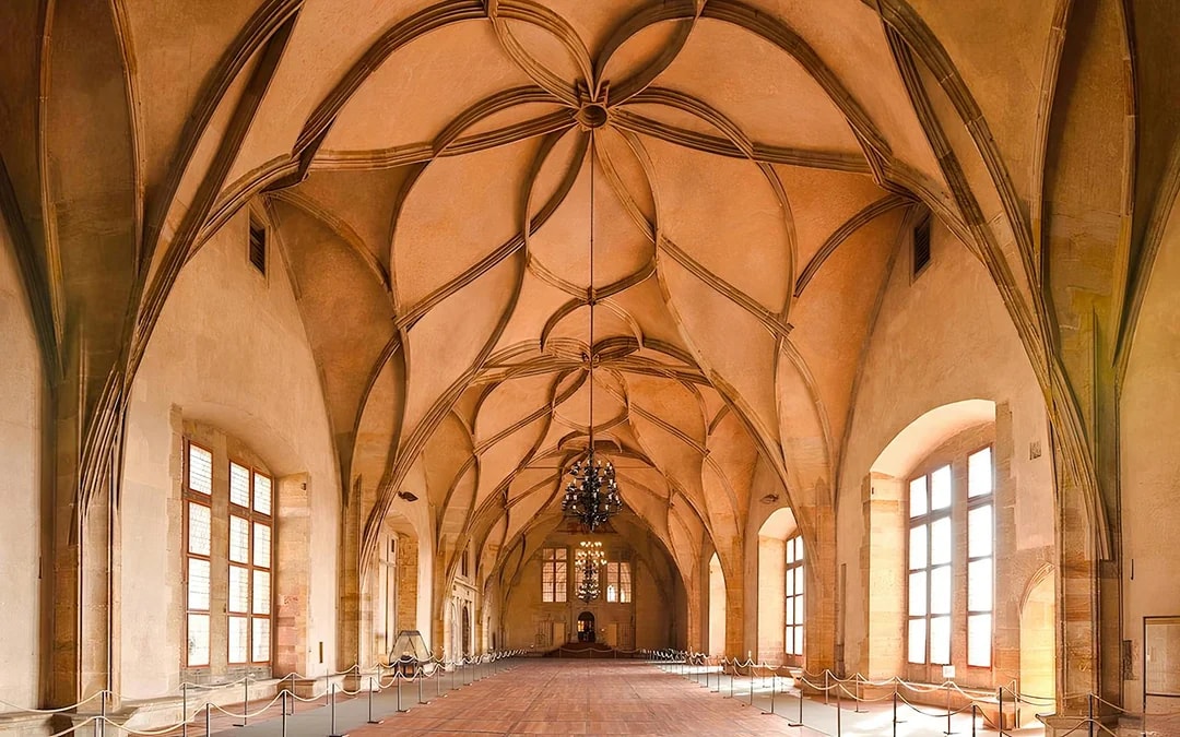 Vladislav Hall's vaulted ceiling in the Old Royal Palace, Prague Castle.