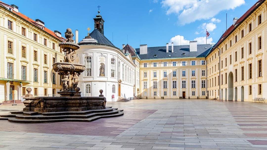 Ornamental fountain in courtyard of Prague Castle's Old Royal Palace.