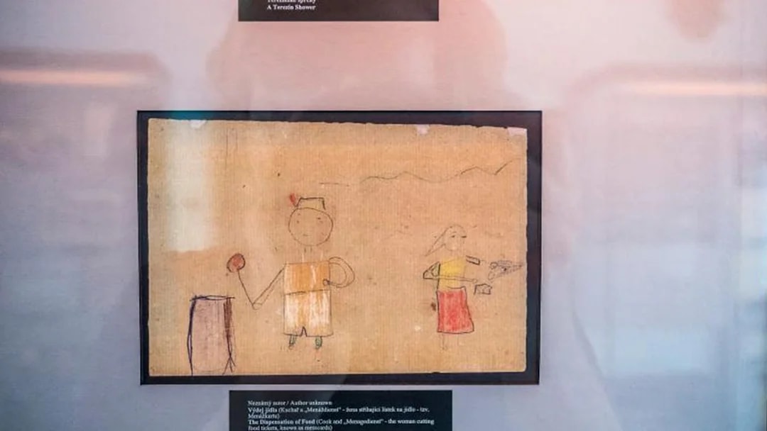Child's drawing displayed in Prague Jewish Quarter museum exhibit.
