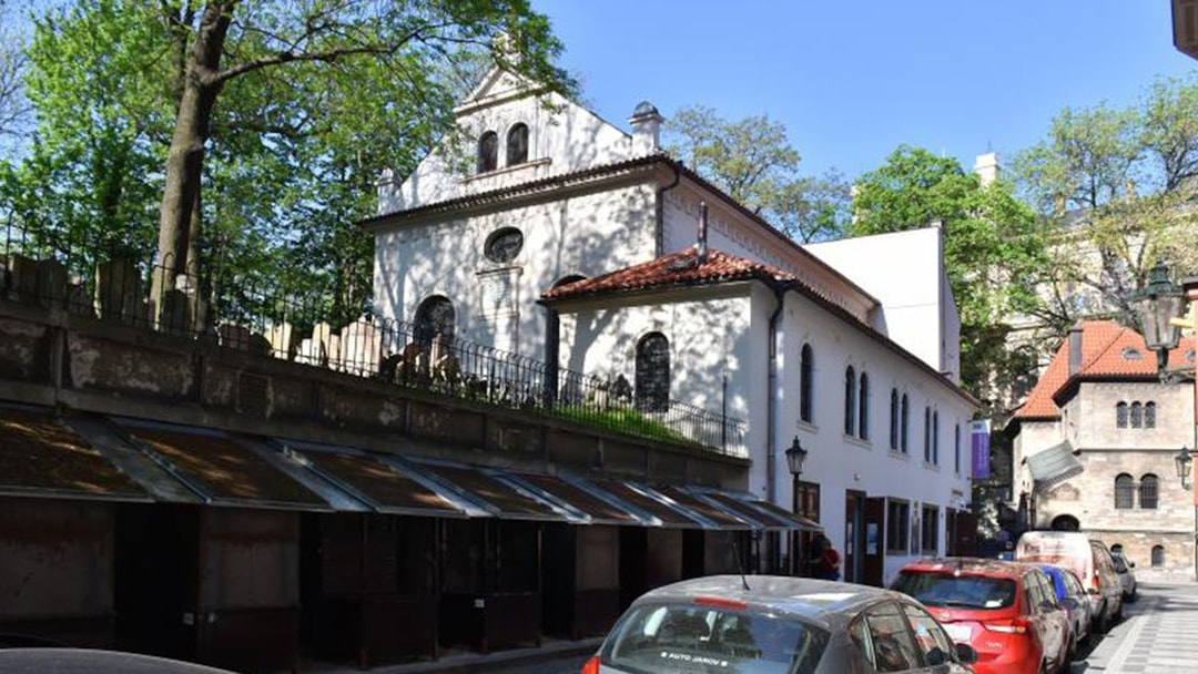 Prague Jewish Quarter with historic synagogue and cemetery in view.