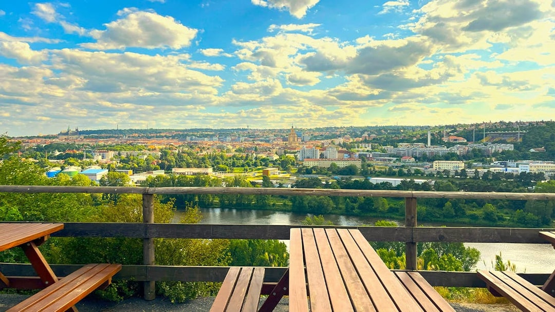 View of Prague cityscape from a picnic area near Prague Zoo.