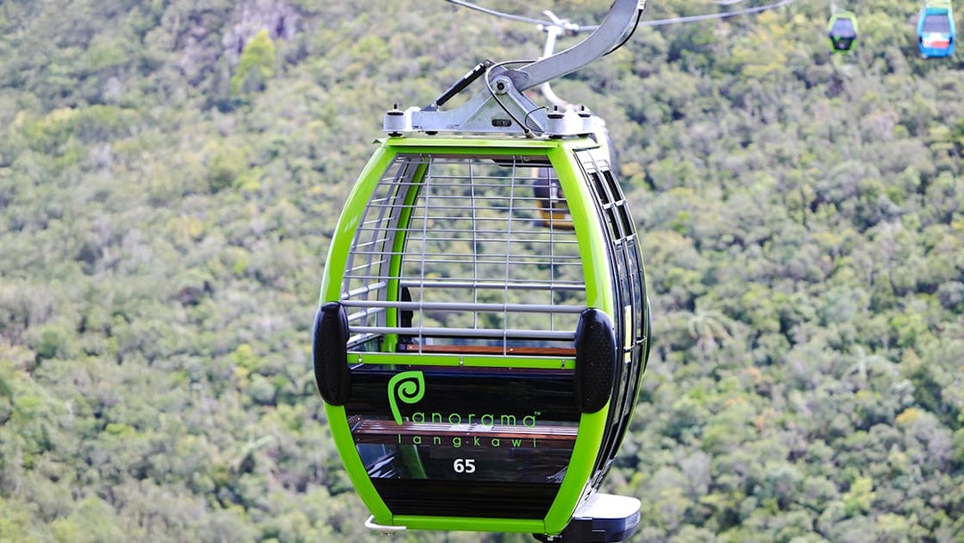 Langkawi Cable Car gondola with forest view in Malaysia.