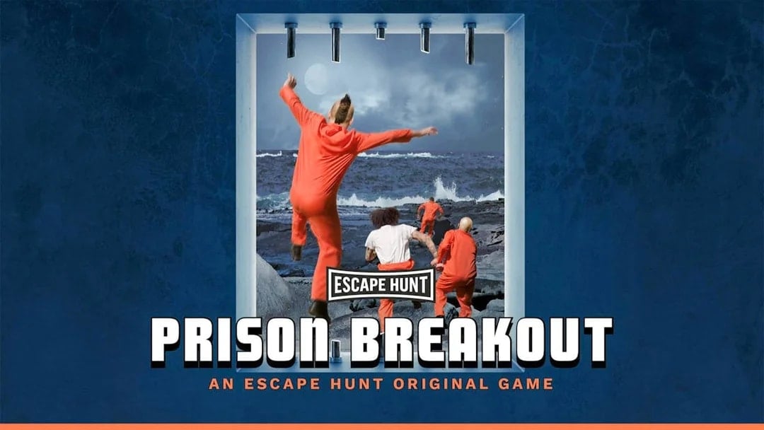Escape room poster showing prisoners escaping towards the sea, Dubai.