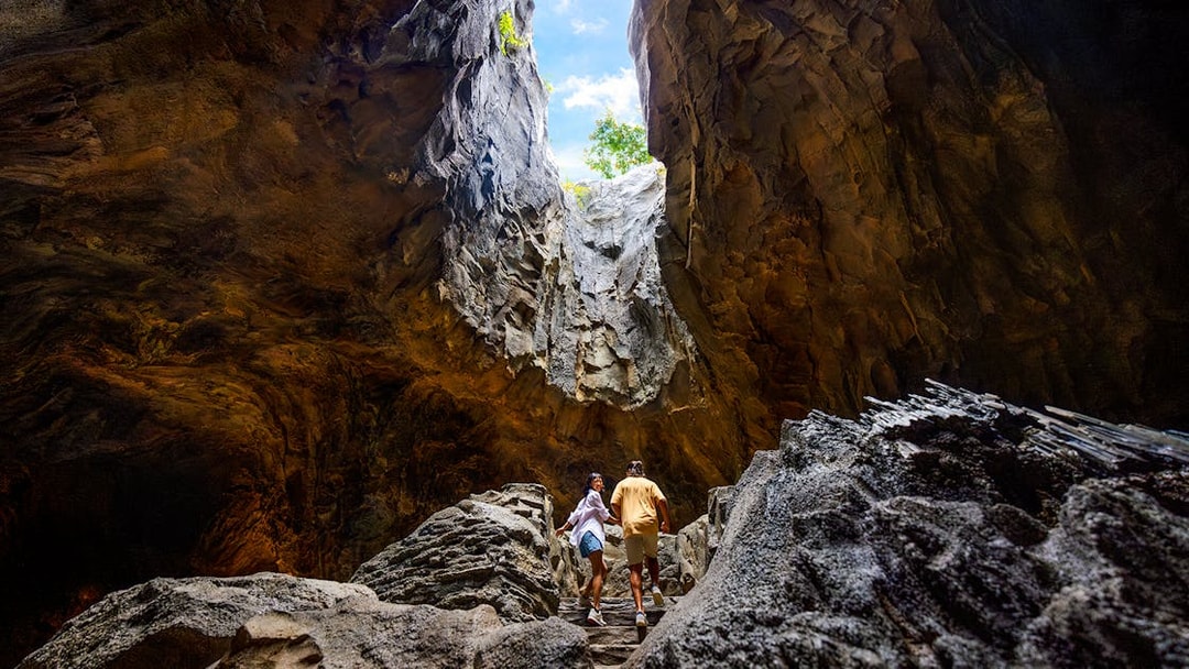 Visitors exploring a cavern in the Rainforest Wild, Asia.