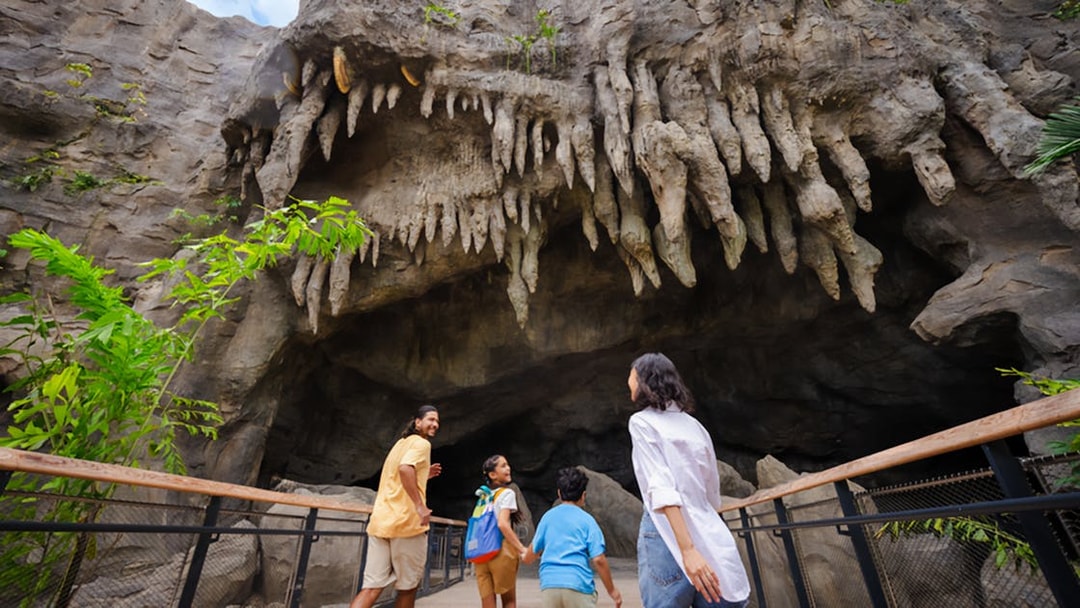 Family exploring cave entrance with stalactites at The Cavern.