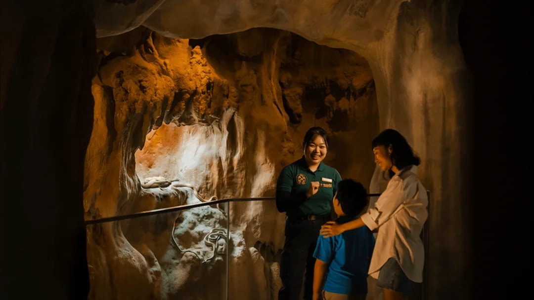 Ranger giving a talk to visitors inside a cavern.