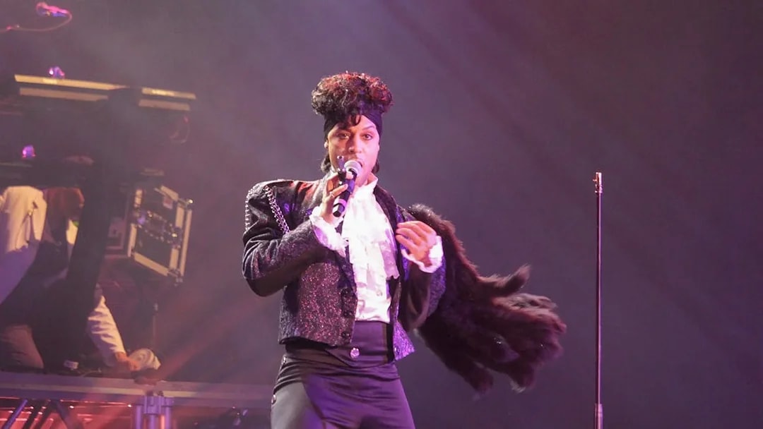 Performer on stage during Purple Reign tribute show.