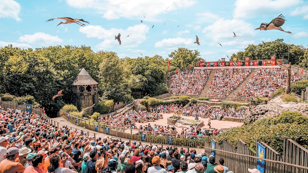 Birds of prey flying over an outdoor amphitheater at Puy du Fou, France, with a large audience watching.