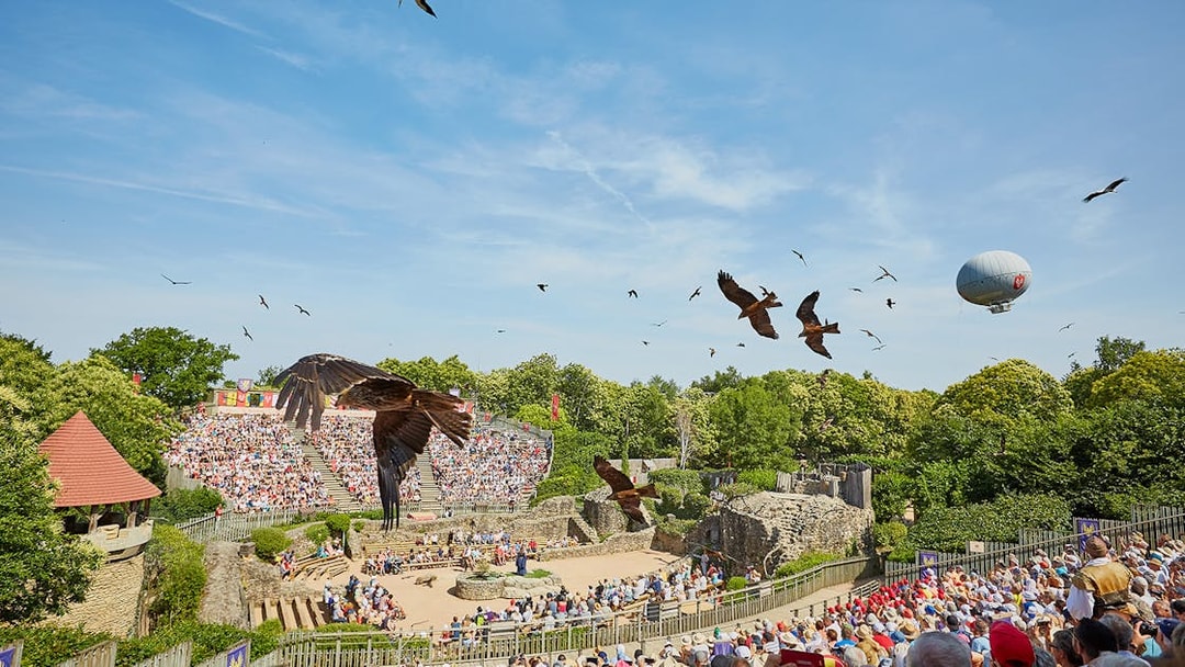 Birds flying over an outdoor amphitheater during The Ghost Birds Ball at Puy du Fou.