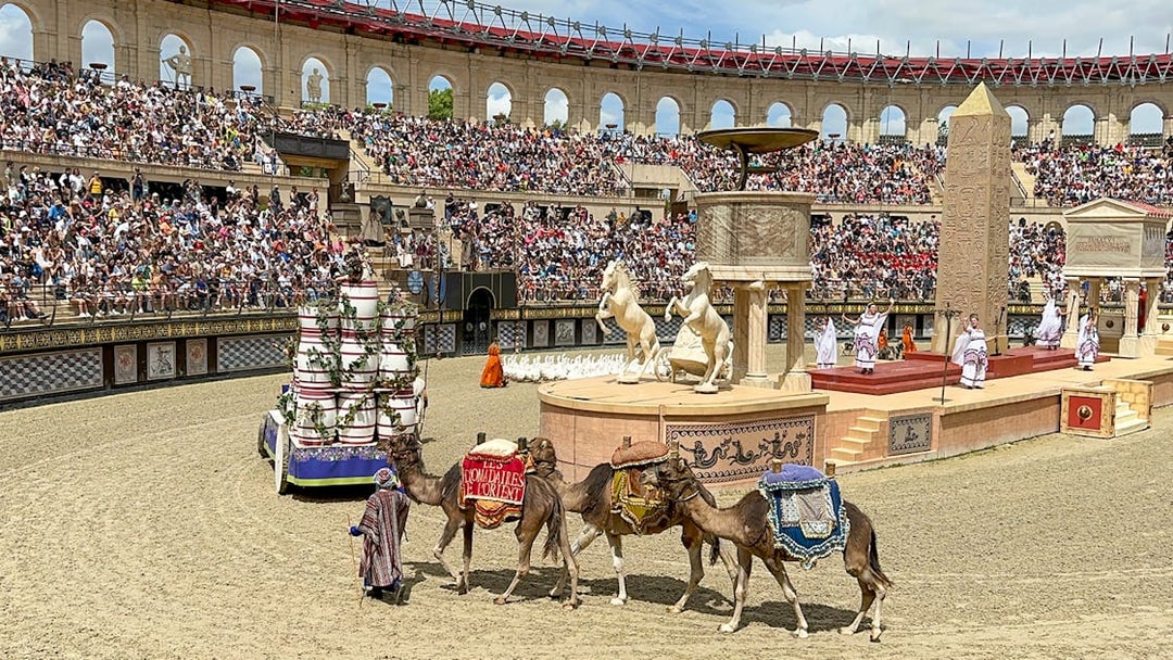 Camels in a Roman-themed arena show at Puy du Fou Theme Park.