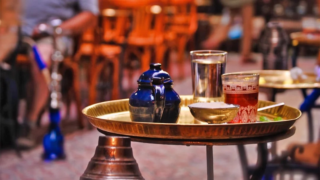 Tea set on a brass tray in a Cairo bazaar during Pyramids, Bazaar and Citadel Tour.