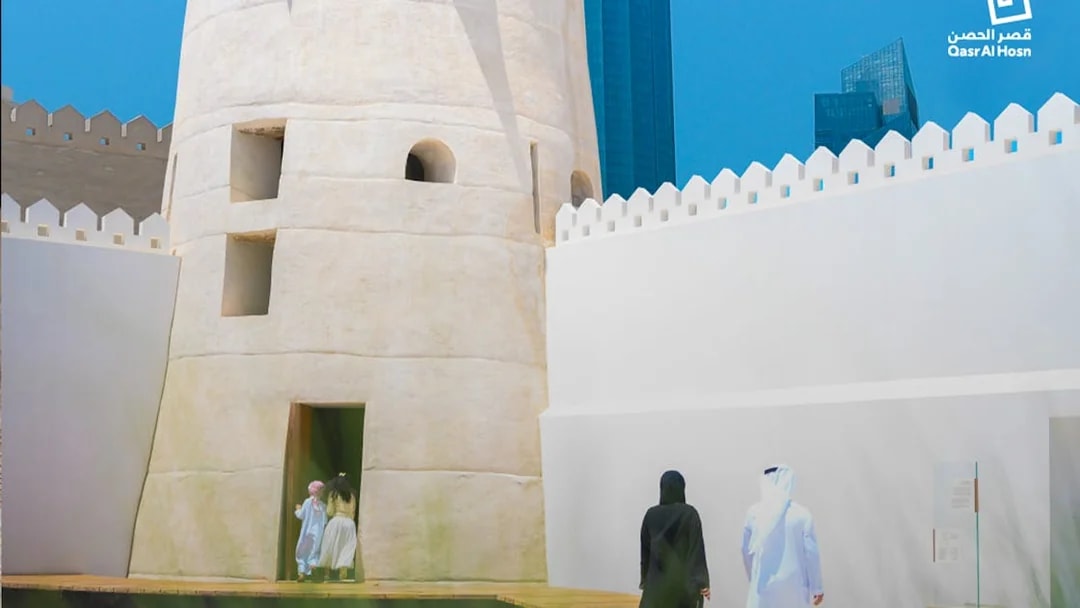 Visitors entering Qasr Al Hosn fort in Abu Dhabi, UAE.