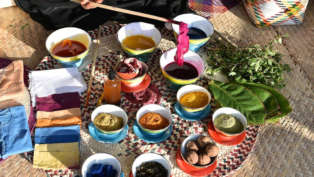 Traditional dyeing materials at Qasr Al Hosn cultural experience, Abu Dhabi.