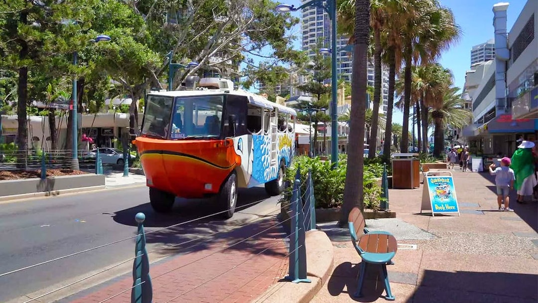 Amphibious vehicle on Gold Coast street for Quack'R Duck Cruise and City Tour.