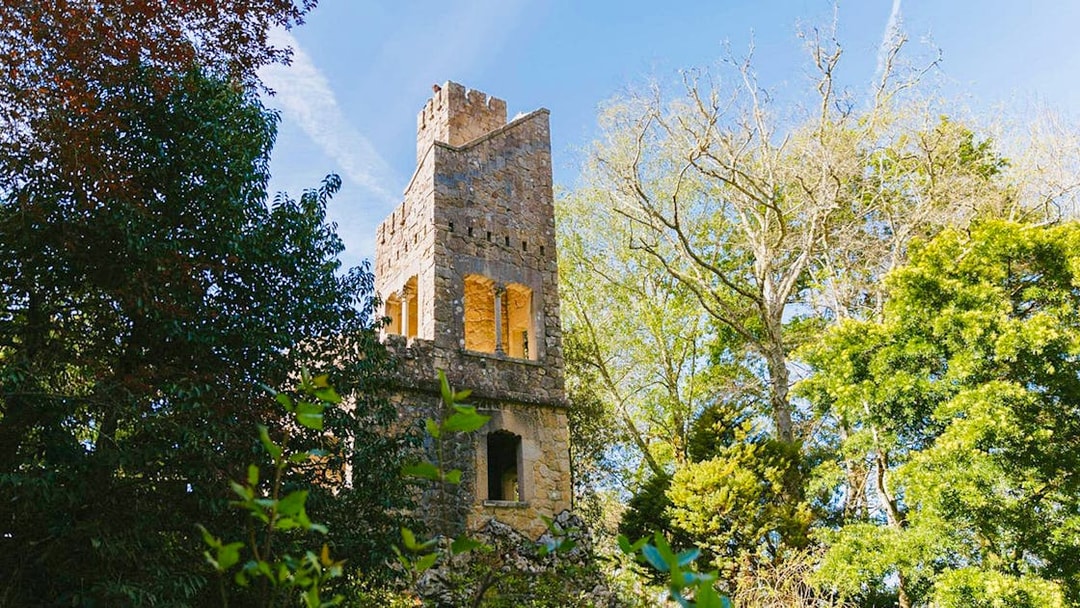 Quinta da Regaleira tower surrounded by lush greenery in Sintra, Portugal.