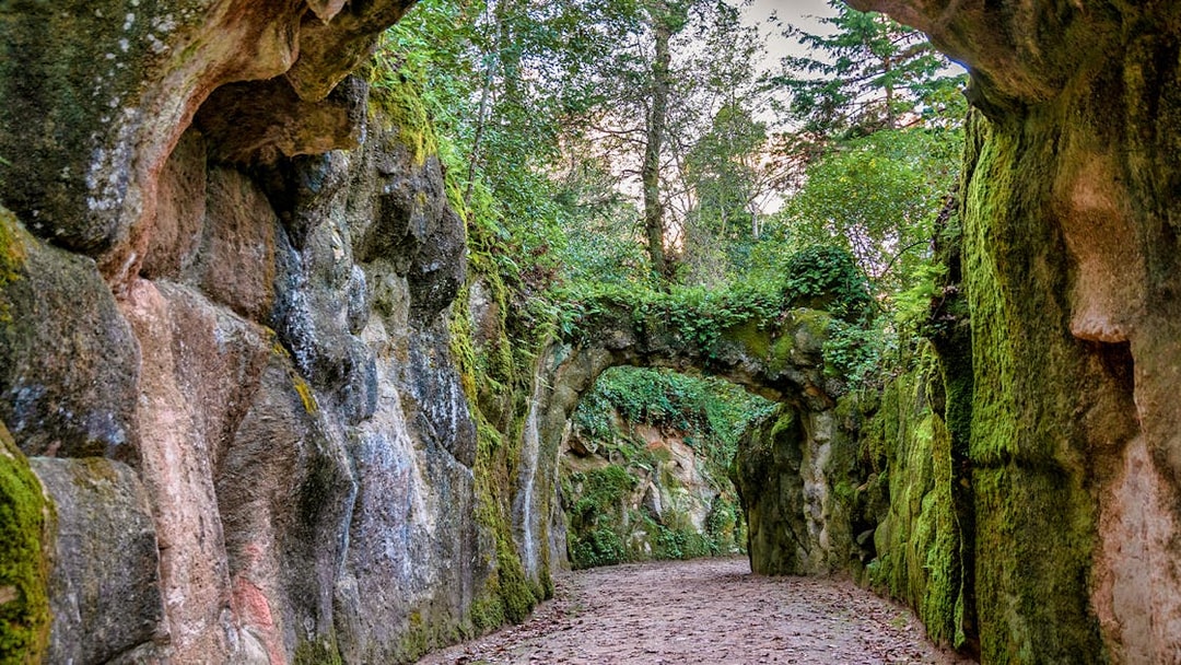 Quinta da Regaleira garden pathway with stone arch and lush greenery.