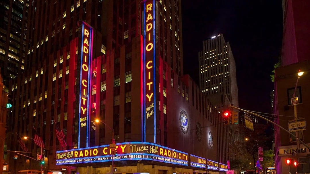 Radio City Music Hall illuminated at night, New York City.