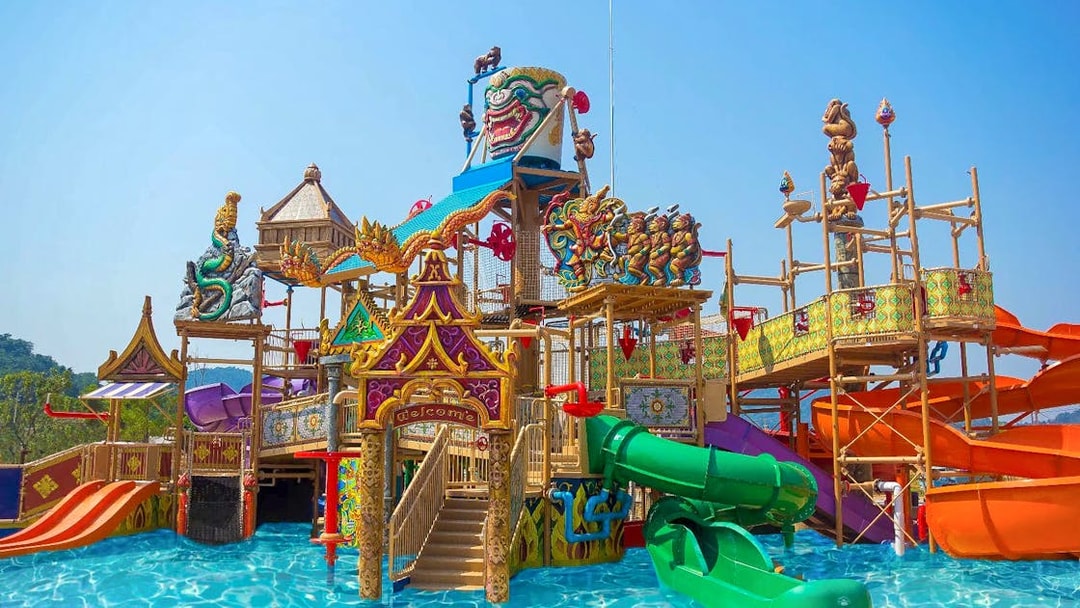 Colorful water slides and structures at Ramayana Water Park, Thailand.