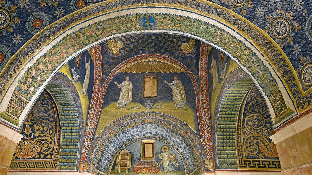 Ravenna mosaic depicting biblical figures and intricate designs in a historic monument.