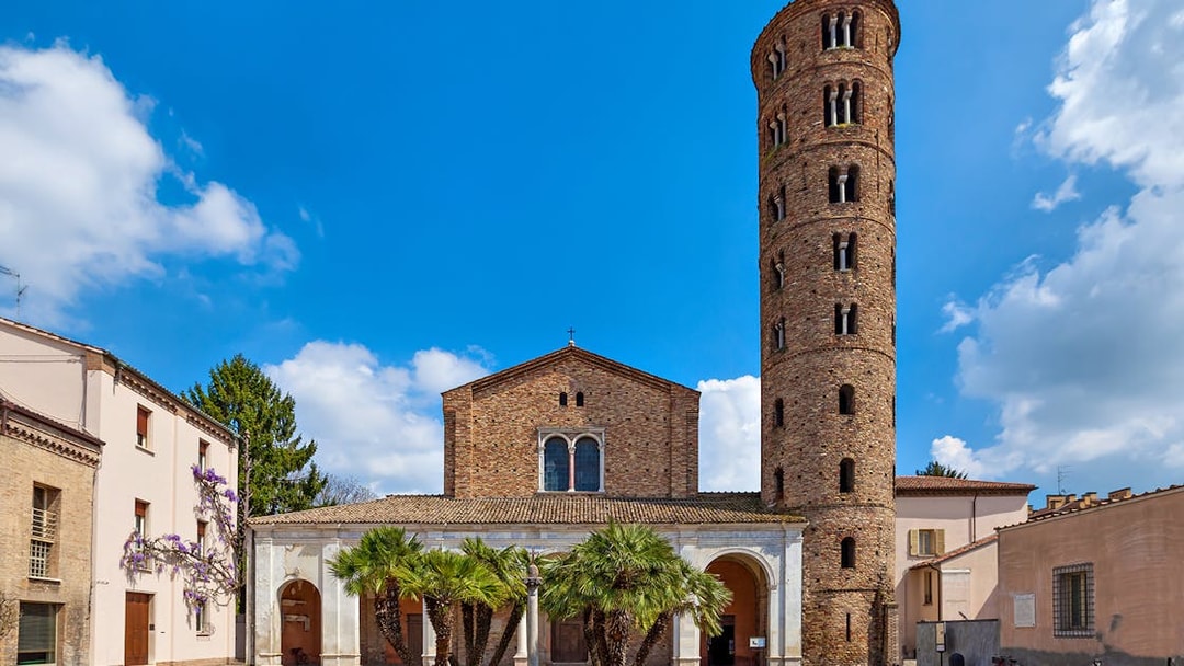 Basilica di Sant'Apollinare Nuovo with its distinctive round bell tower in Ravenna, Italy.