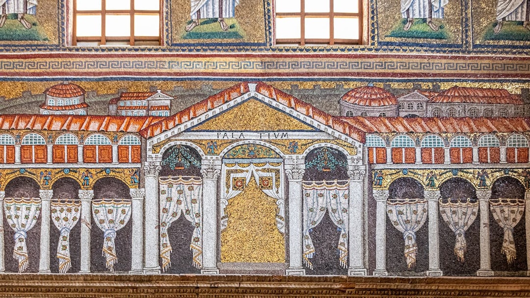Ravenna mosaic depicting ancient architecture with detailed columns and arches.