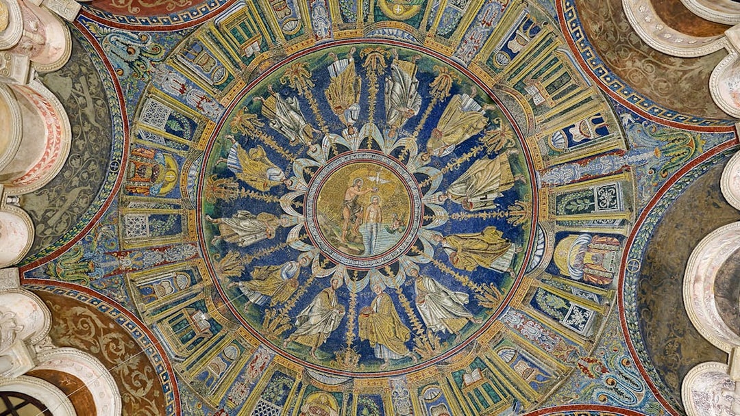 Ravenna Baptistery ceiling mosaic depicting religious figures and scenes.