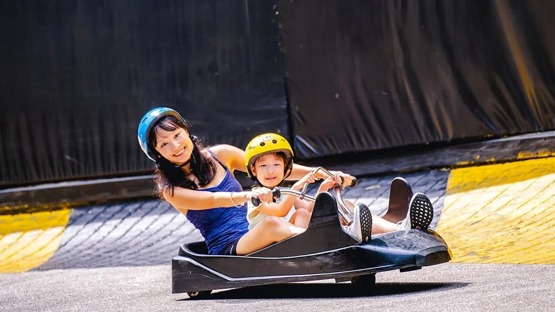 Two people enjoying a ride on the Skyline Luge track.
