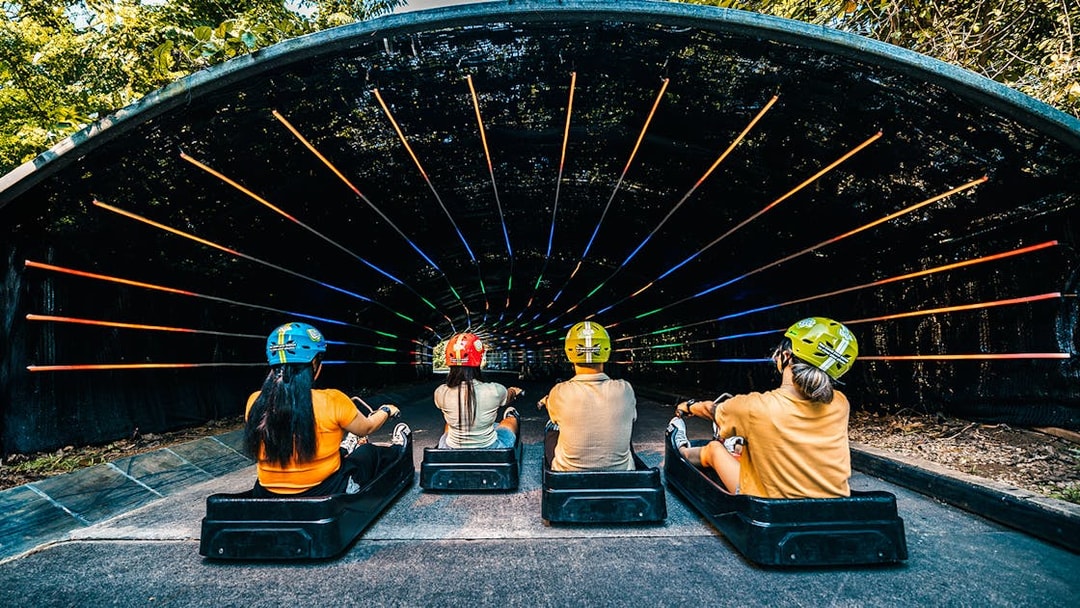 Friends riding luge into colorful tunnel on Skyline Luge, Singapore.