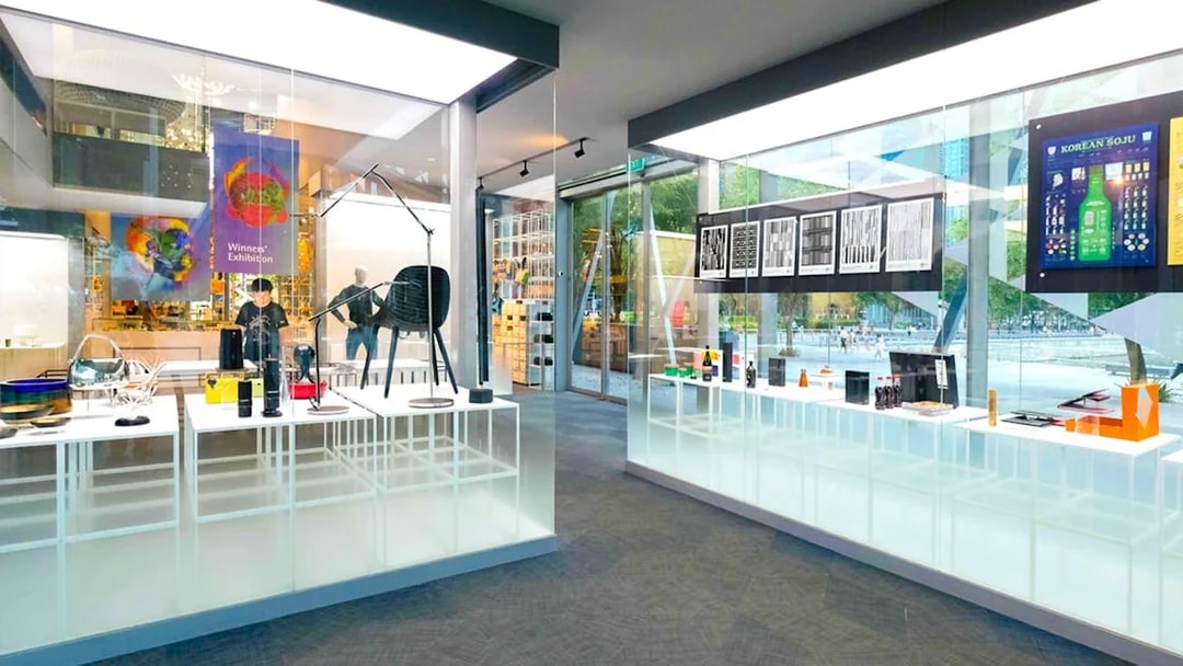 Red Dot Design Museum interior with design exhibits and shopping area in Singapore.