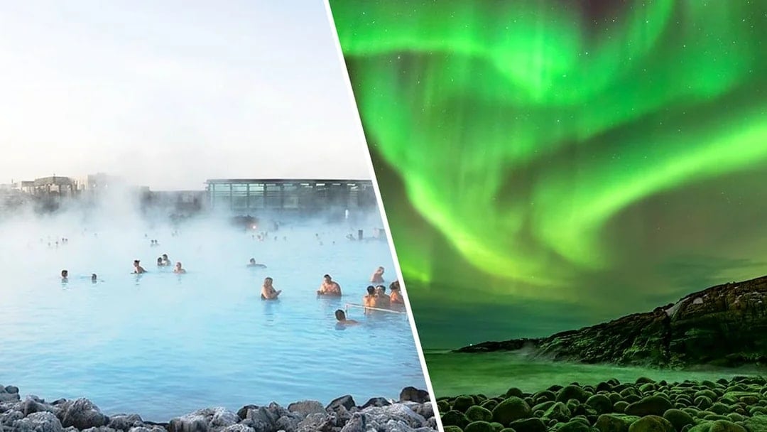 Blue Lagoon geothermal spa with visitors and Northern Lights over rocky landscape in Iceland.