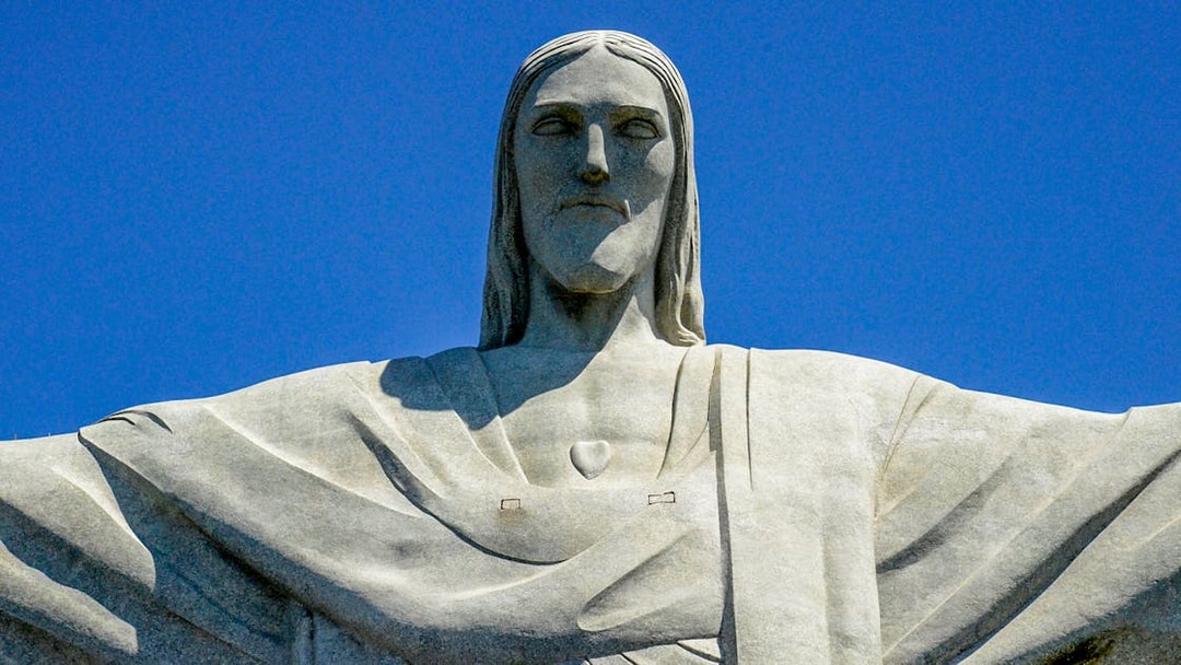 Christ the Redeemer statue close-up, Rio de Janeiro, Brazil.
