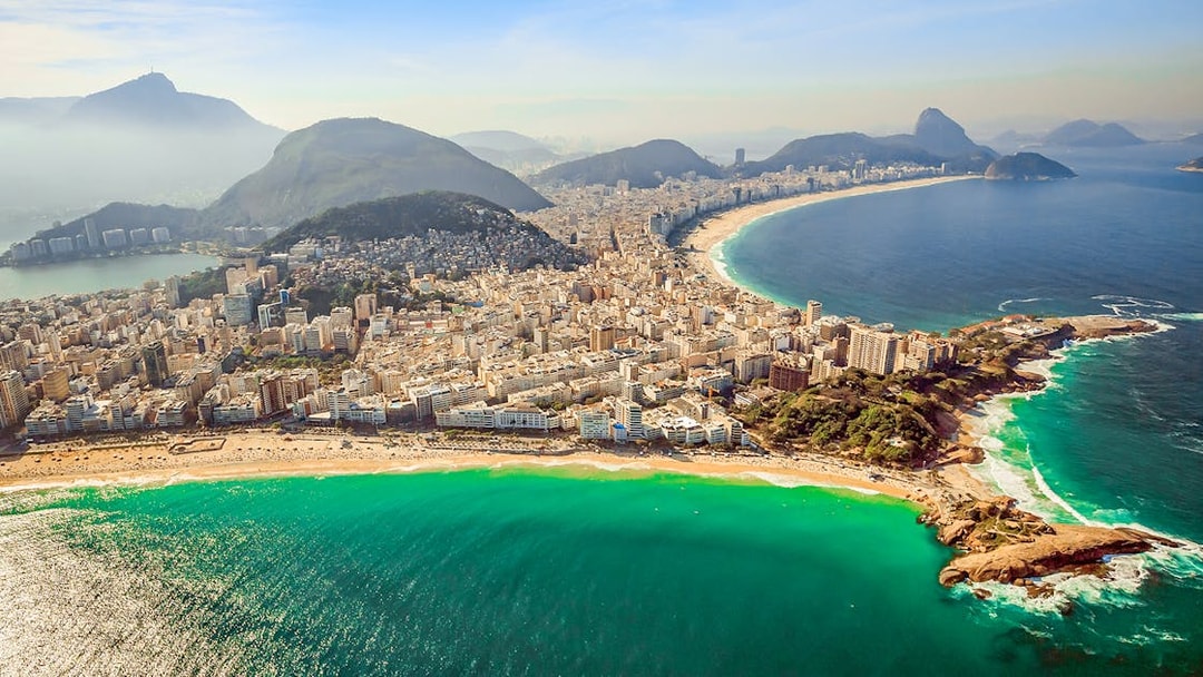 Aerial view of Copacabana and Ipanema beaches in Rio de Janeiro from a helicopter.