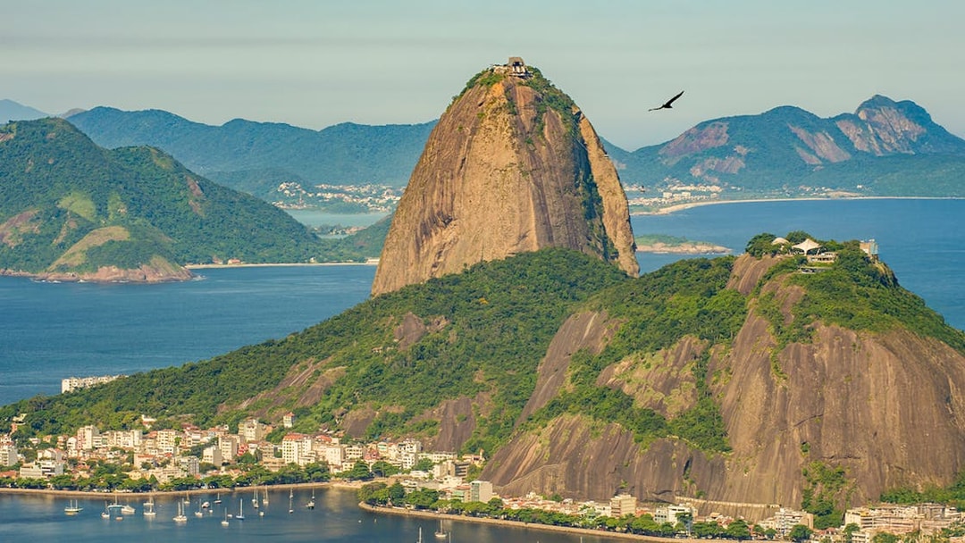 Sugar Loaf Mountain view from helicopter over Rio de Janeiro, Brazil.