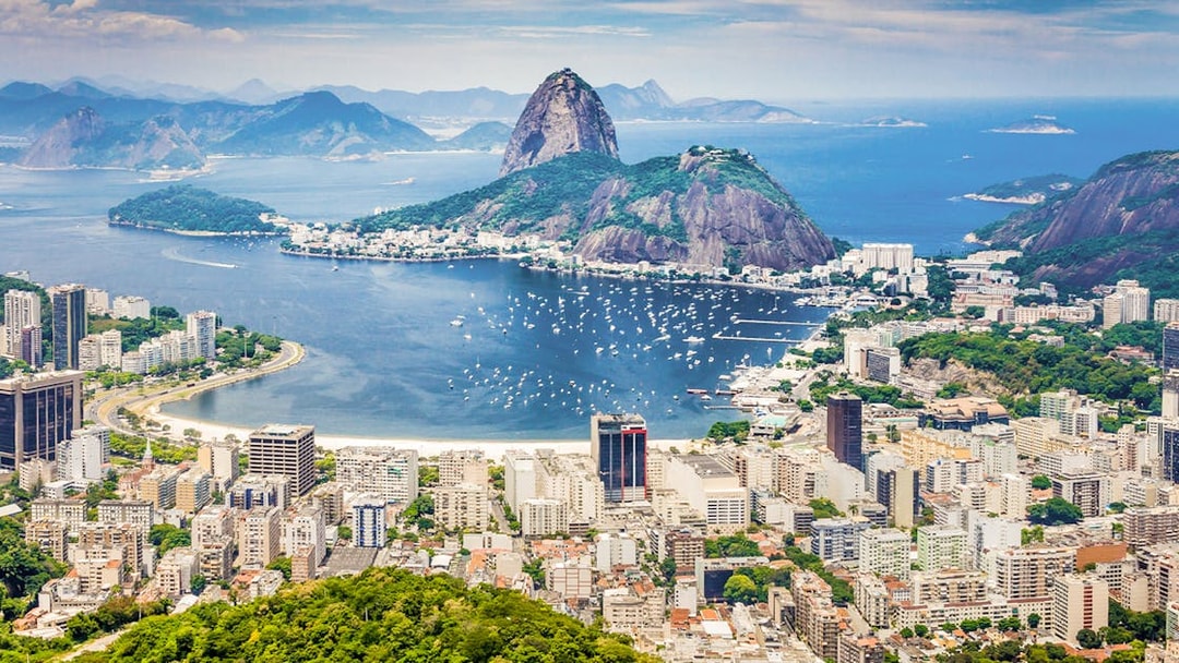 Panoramic view of Rio de Janeiro with Sugarloaf Mountain and Guanabara Bay.