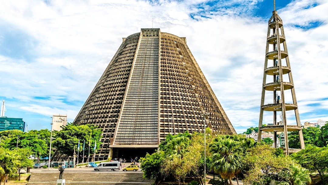 Cone-shaped cathedral and bell tower in Rio de Janeiro.